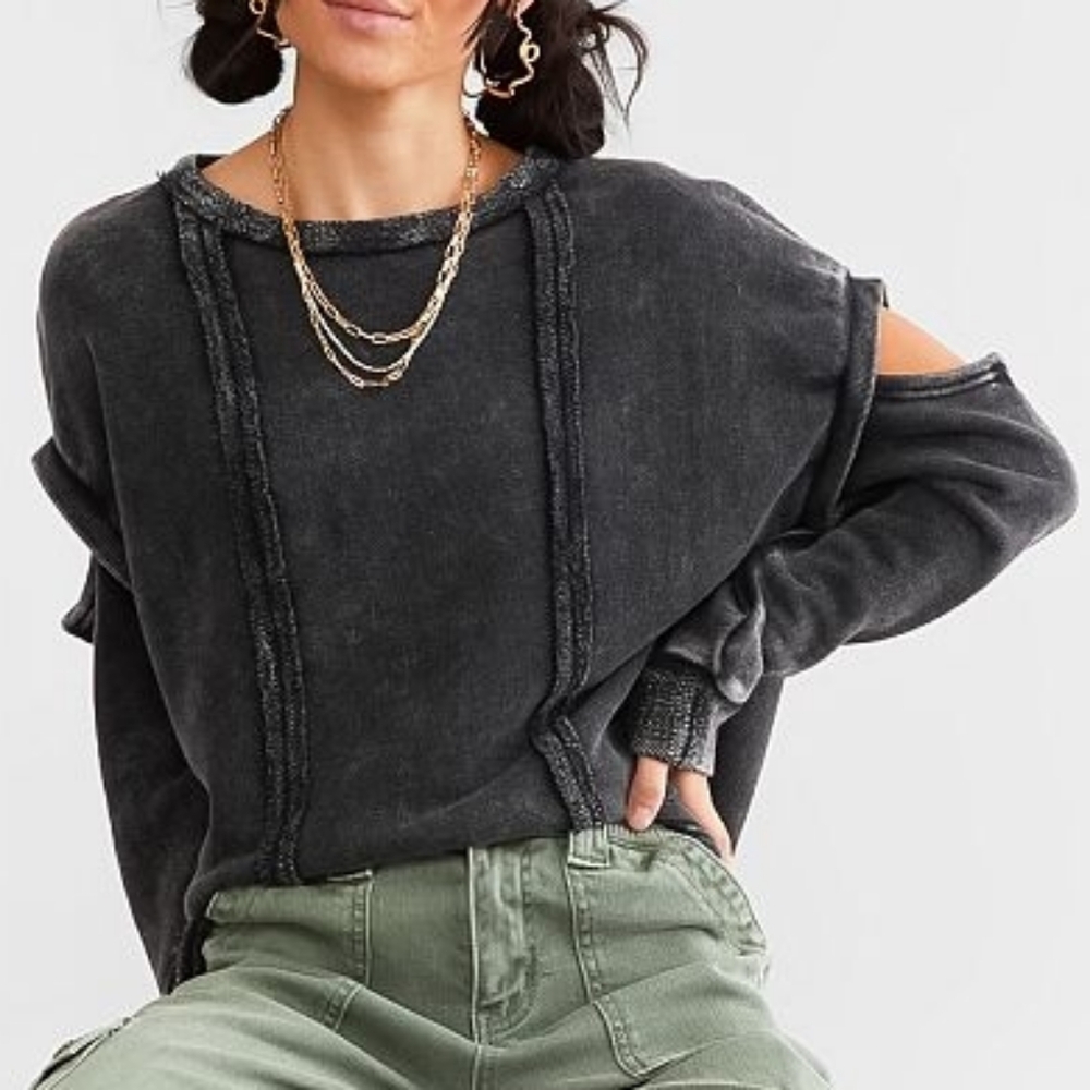 ❤️NeW❤️ GILDED INTENT RAW EDGE COLD SHOULDER FLEECE PULLOVER SWEATSHIRT Large L